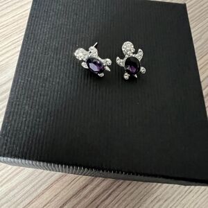 Brand New Silver Diamanté Turtle Earrings Studs with Purple Gem